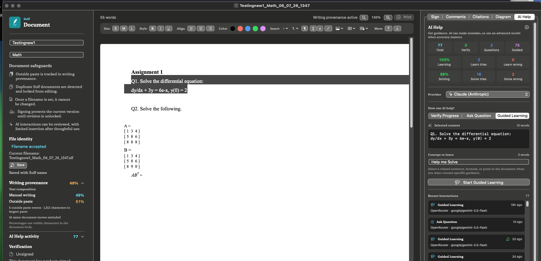 Solf AI Help panel beside a document